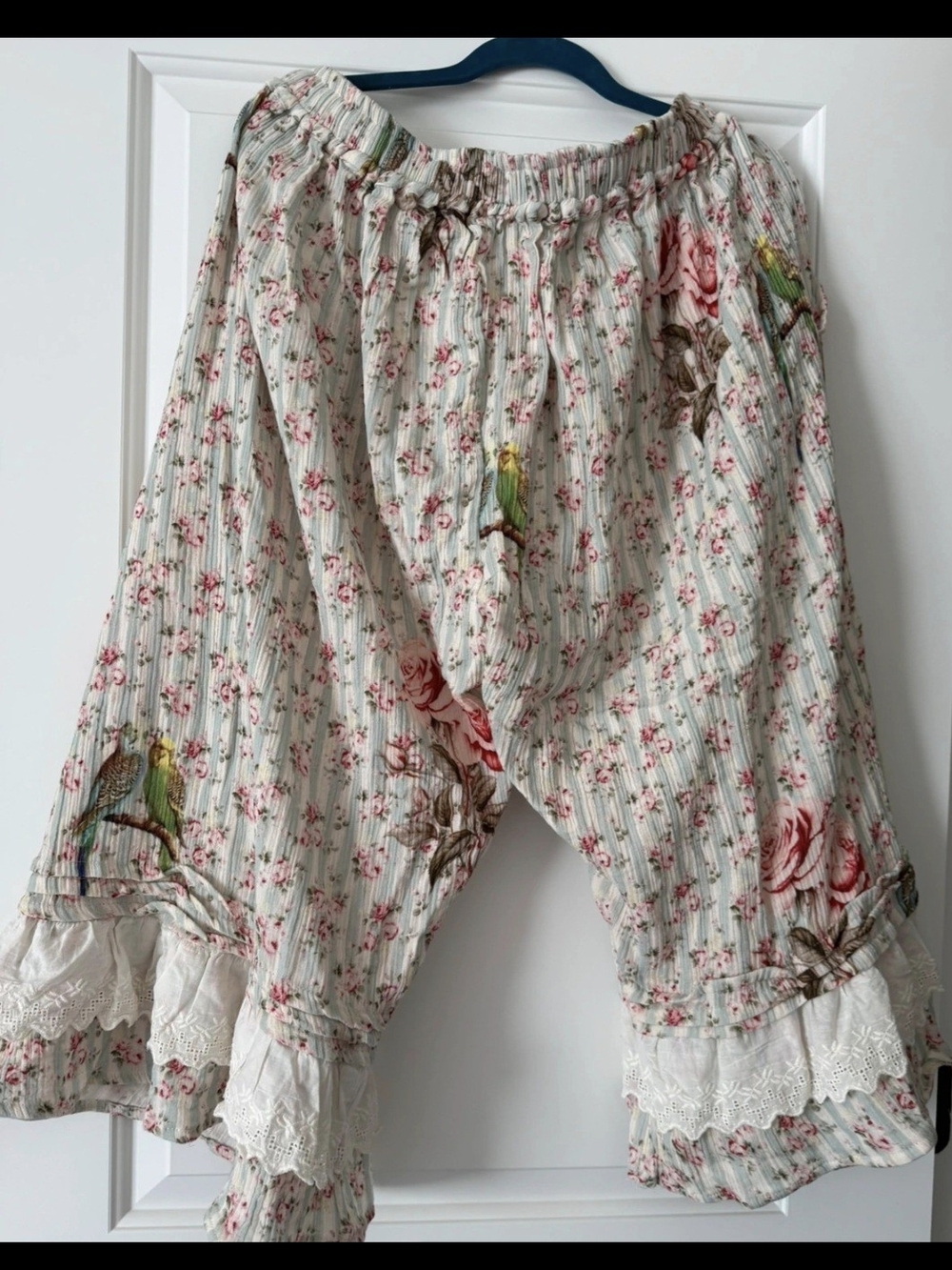 Floral Bird Print Elastic Waist Ruffle Hem Bottoms - Cream Xl New Without Tags - Picture 3 of 12